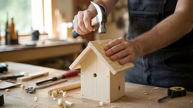 Person assembling a wooden birdhouse using hand tools in a workshop