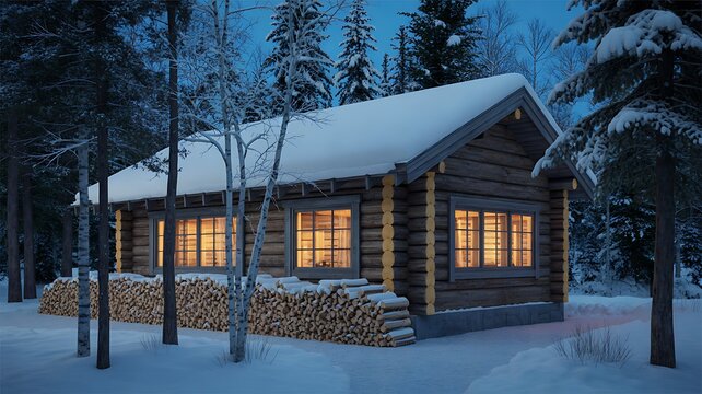 Cozy log cabin glowing in a snowy forest during a winter evening