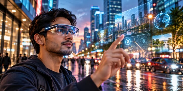 Man wearing augmented reality glasses interacting with holographic cityscape projections on street at night.
