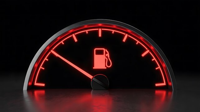 Glowing red fuel gauge showing low gasoline level on a dark background