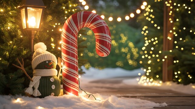 Festive candy cane arch with snowman and glowing christmas lights