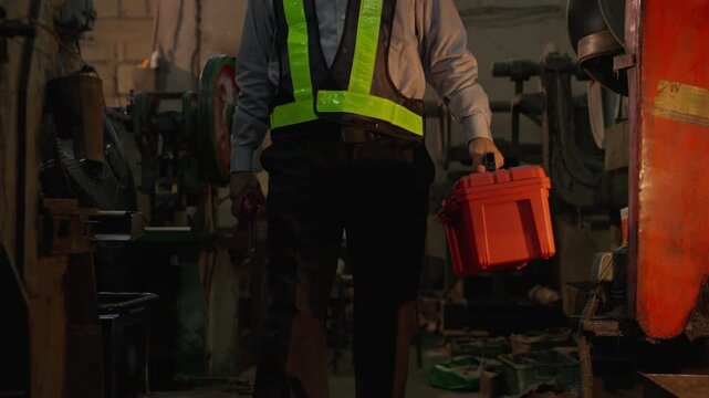 Industrial engineer inspection of factory machinery, worker carrying red tool case and toolbox through dim manufacturing workshop, reflective safety vest, heavy equipment maintenance preparation