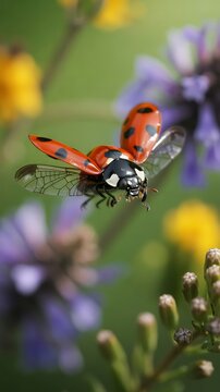 Red ladybug resting on a flowering plant in a sunlit garden