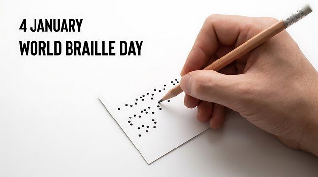 Close up of a hand writing braille dots on white paper with a pencil accessibility alphabet disability literacy education inclusive awareness communication healthcare humanitarian inclusion