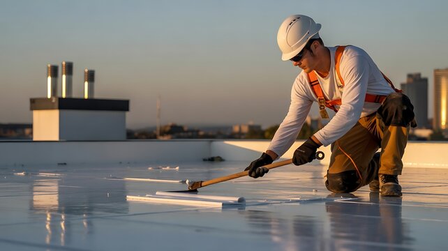 Construction worker smoothing a concrete floor with professional finishing tools