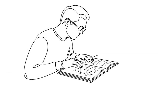 Continuous line art of a person reading a braille book