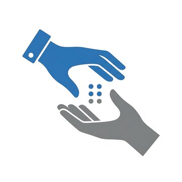 Two stylized hands reaching towards a central dot pattern representing tactile communication systems with vision impaired disability accessibility interaction cooperation blindness