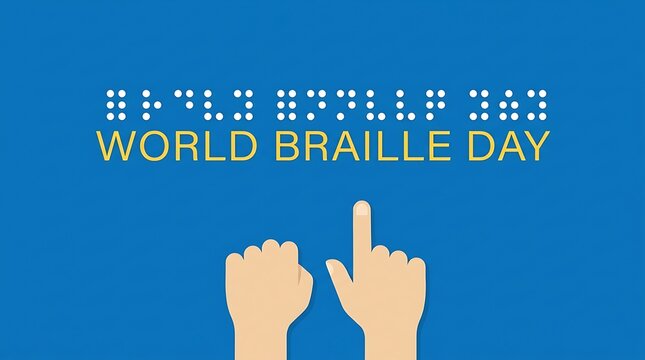 Hands pointing towards world braille day text with tactile dot translation on blue background vision impaired awareness disability accessibility blindness communication education