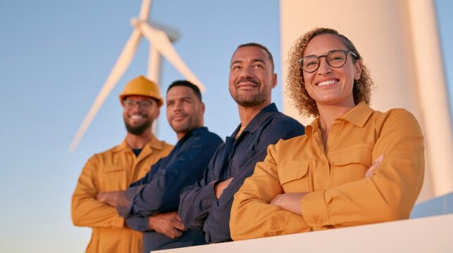 Team of technicians standing confidently in front of wind turbine at golden hour, renewable energy workforce