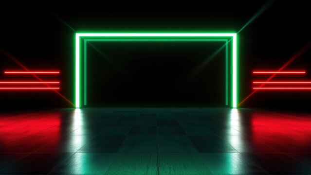 Dark room features glowing neon doorway. Red lines flank sides, green illuminates central frame. Reflective floor adds depth.