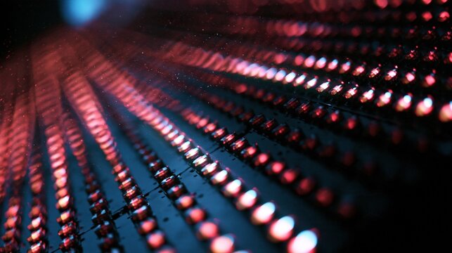 Abstract glowing red and blue digital data streams in a futuristic technological grid pattern