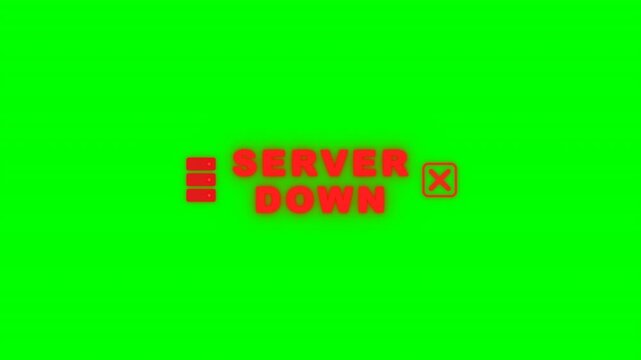 Red digital server down notification text displayed in a grid on a bright chroma key green background. Ideal for system failure or tech support video transitions.