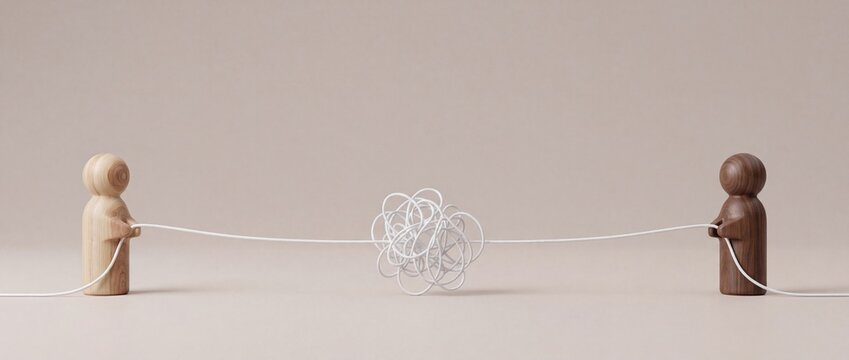 Two simple wooden figures pulling opposite ends of a tangled string, symbolizing conflict, communication breakdown, or unresolved issues on a plain background