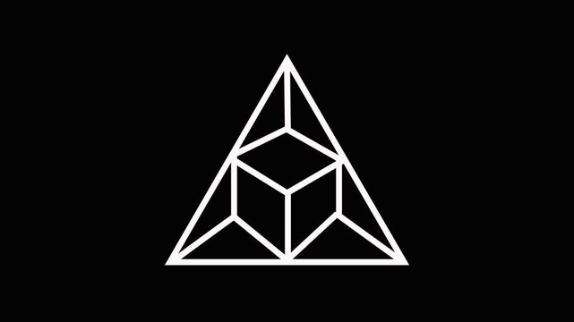 Geometric triangle with isometric cube icon, white line art logo symbol on black background