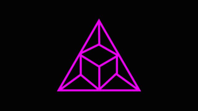 Geometric triangle with isometric cube icon, white line art logo symbol on black background