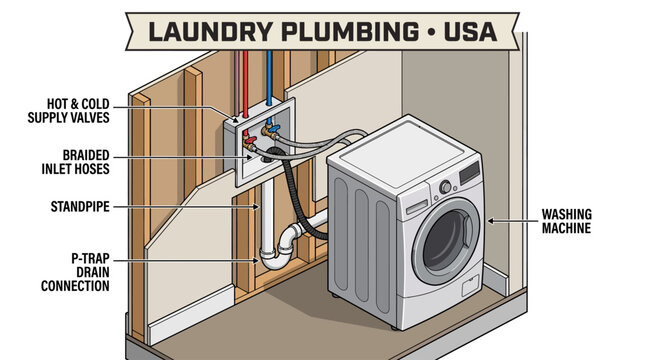 Very beautiful realistic vector cutaway of an apartment laundry alcove showing Label: "LAUNDRY PLUMBING &bull; USA", washing machine, hot and cold supply valves, braided inlet hoses, standpipe and P-trap d