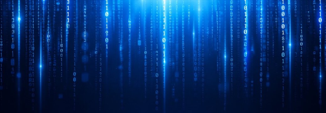 Digital rain in deep space with binary code for technology and data