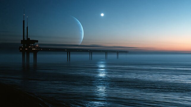 Futuristic offshore platform on alien ocean under twilight sky with large planet and moon