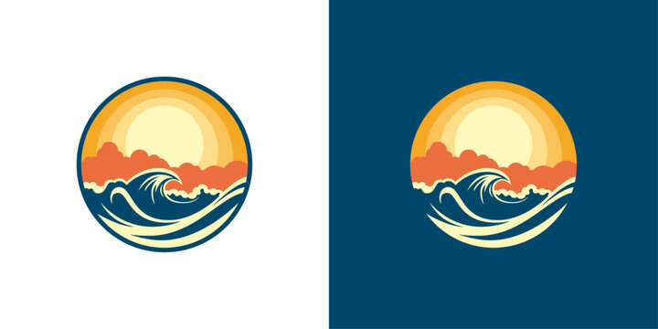 Retro sunset wave logo. Vintage coastal emblem with curling ocean waves, warm sunset colors and California surf style.