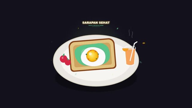 Breakfast vector illustration featuring a fried egg on toast served on a white plate with juice and tomatoes against a dark background.