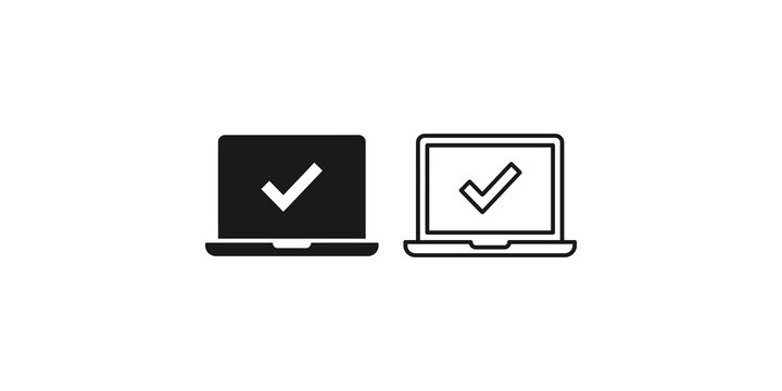 Laptop screen with checkmark vector icons solid and linear styles for tech.