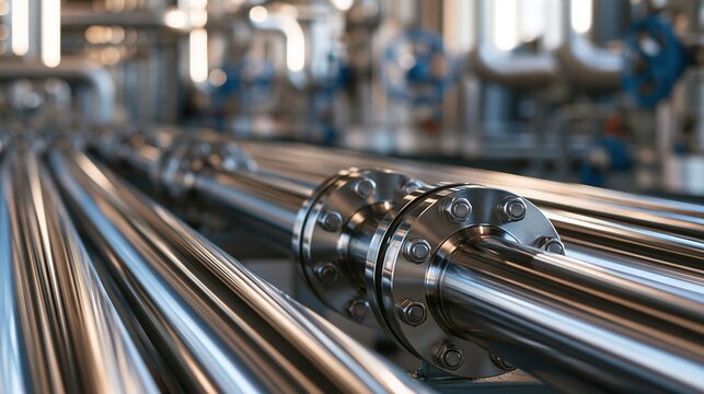 Close-up of industrial stainless steel pipes and flanges in a modern factory or plant