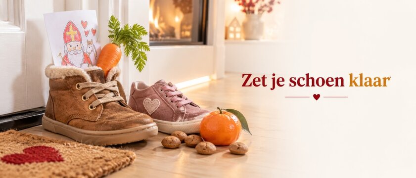 Dutch Sinterklaas Saint Nicholas Day scene with children shoes, carrot, clementines, nuts and illustrated greeting card beside Dutch text Zet je schoen klaar meaning Get your shoe ready, festive home