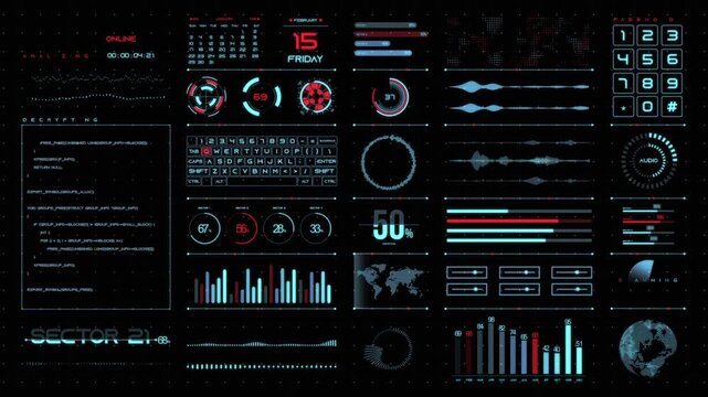 Widescreen decrypting data sectors and audio waves on hud interface representing system analysis concept