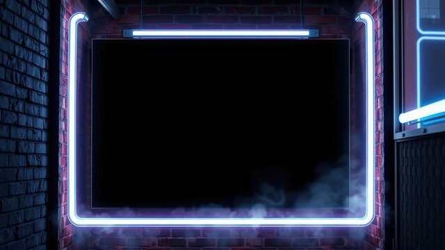 Dark brick wall features glowing neon rectangle. Smoke rises from bottom edge, creating dramatic effect. Minimalist, modern aesthetic.