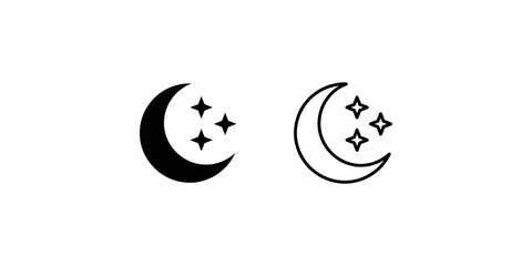 Black crescent moon with three twinkling stars isolated icons set night. © Shahmeer