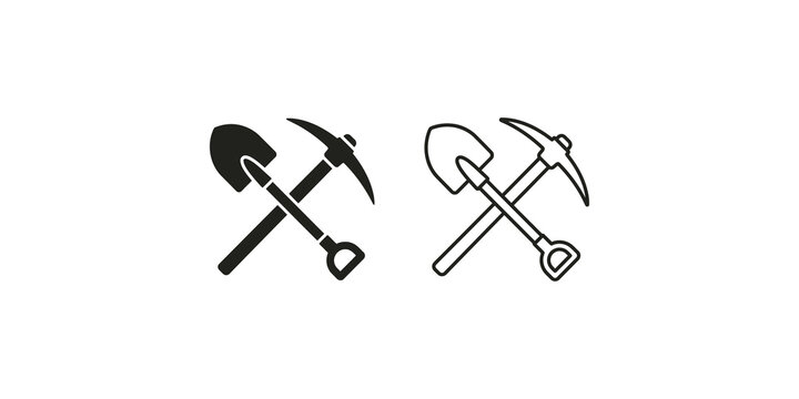 Crossed garden spade and pickaxe tools black silhouette and line icons.