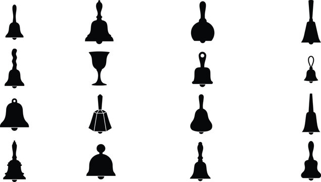 Collection of various hand bell silhouettes, vintage metal ringing bells, school bells, and service bells isolated on a white background set