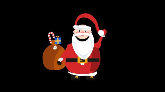 Cheerful animated Santa Claus character in a red suit with a white beard holding a heavy sack of Christmas gifts and presents, isolated on a black background for holiday seasonal celebration.