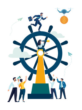 Vector illustration of business, leadership qualities in a creative team. Direction to a successful path, teamwork to launch a startup. African American man with loudspeaker, Business people, contract