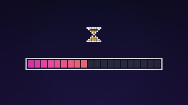 Retro 8-bit pixel loading bar filling with blocks and hourglass