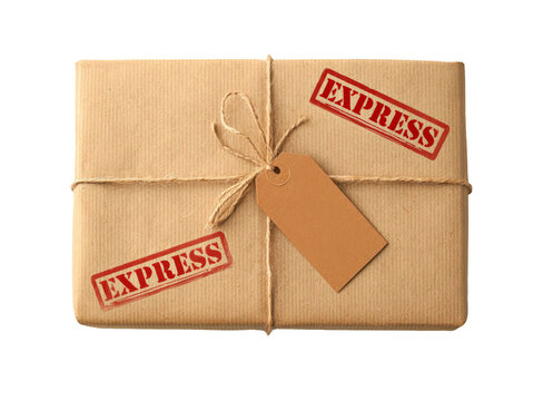 Brown Paper Parcel with Twine and Red Express Stamps