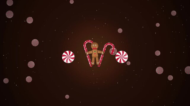 2D animation of a cute gingerbread man with candy canes on a festive Christmas background