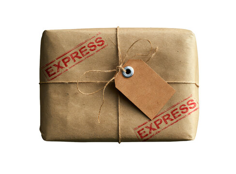 Brown Paper Parcel with Twine and Red Express Stamps