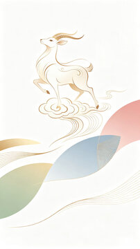 Light colored deer standing on auspicious cloud, gentle new Chinese style illustration with flowing ribbons