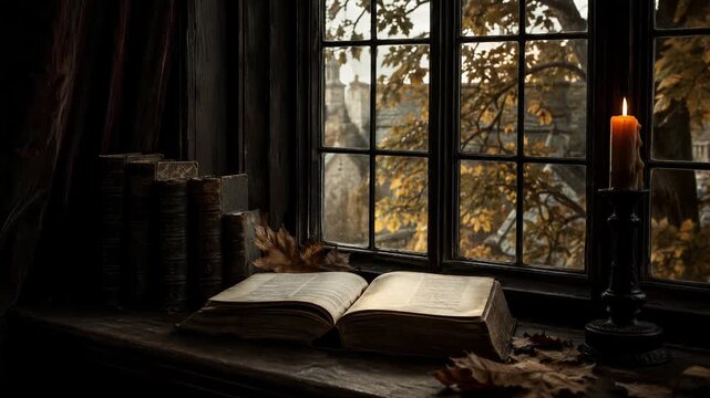 Open antique book and candle on a wooden windowsill overlooking autumn trees. Halloween still life. Gothic reading nook and spooky seasonal decor. Vintage books, fall foliage and eerie