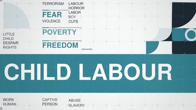 Child labour animated word cloud, swiss grid text design animation, seamless loop