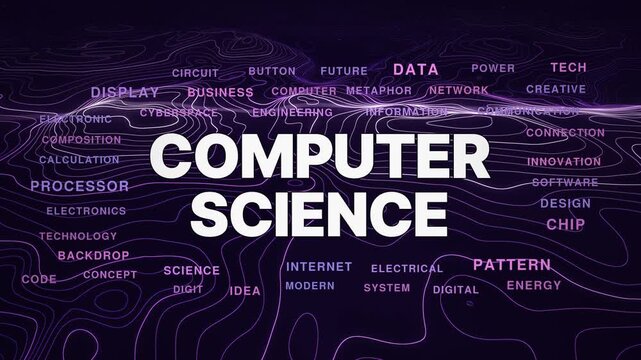 Computer science animated topography word cloud, text design animation, seamless loop