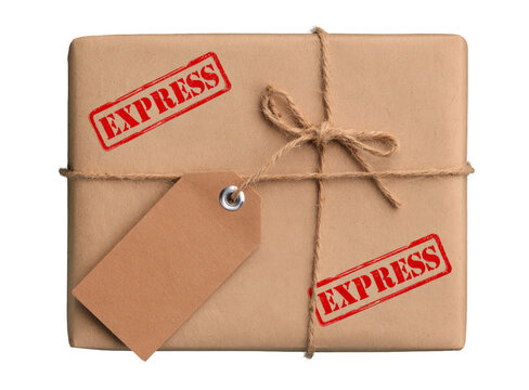 Brown Paper Parcel with Twine and Red Express Stamps
