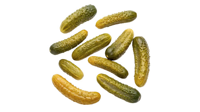 Group of fresh green pickled cucumbers gherkins kitchen food, isolated on transparent background.