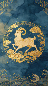 Golden single sheep illustration in round frame, dark blue background with cloud and wave oriental patterns