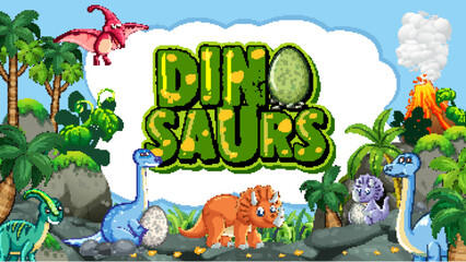 Cartoon Dinosaurs in Prehistoric Jungle Landscape with Volcano © GraphicsRF
