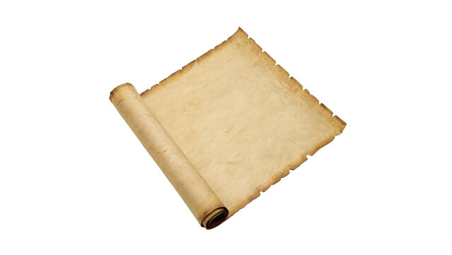 A blank piece of old yellowed parchment paper scroll isolated on white background