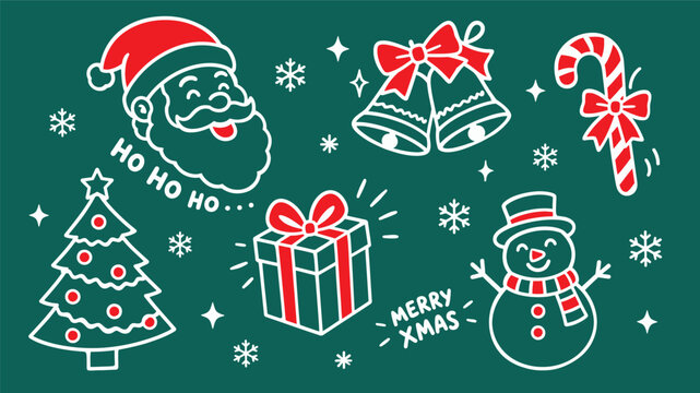 Festive Christmas Doodle Vector Set featuring Santa Claus, Snowman, Christmas Tree, Gifts, and Candy Cane - Modern Red and White Line Art Illustration for Holiday Greetings and Design