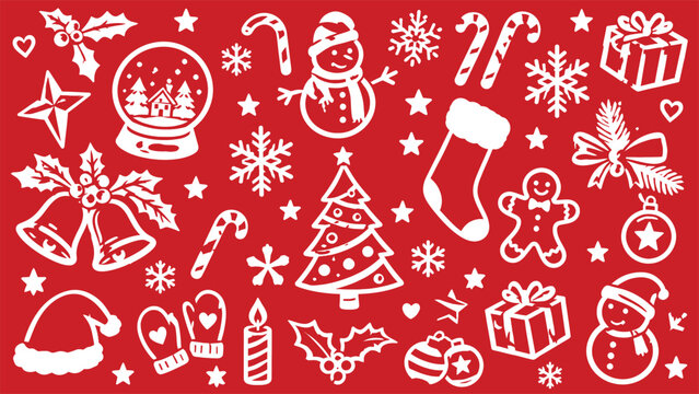 Festive Christmas Vector Illustration Set Featuring White Holiday Icons Like Snowmen, Christmas Trees, Snowflakes, and Gifts on a Vibrant Red Background for Seasonal Design Projects.