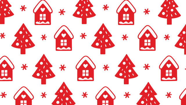 Red and White Festive Christmas Seamless Pattern Background with Hand-Drawn Christmas Trees, Gingerbread Houses, and Snowflakes, Ideal for Holiday Wrapping Paper and Seasonal Greeting Cards.